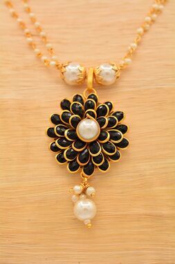 Vintage Jhumka Necklace Flower Collar Black White Beaded Brushed Gold BinP